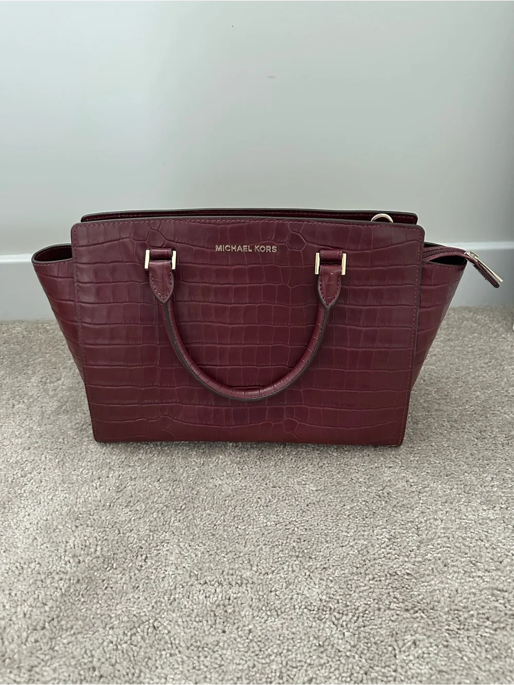 Michael Kors Croc-Embossed Burgundy Satchel with Detachable Strap